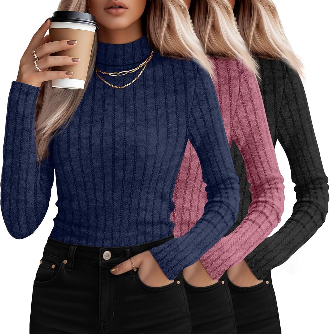 3 Pack Women's Mock Turtleneck Sweaters, Long Sleeve Ribbed Knit Tops Fit Soft Thermal Underwear, Lightweight Spring Pullover (XX-Large, Navy, Rose Red, Black)