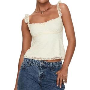 Women Y2k Lace Trim Tank Tops Teen Girl Fairycore Sleeveless Solid Going Out Streetwear Summer Crop Camisole, Medium
