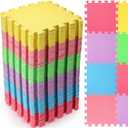 Nuanchu 60 Pcs Kids Foam Puzzle Floor Mat Bulk Solid Color Foam Play Mat with Borders Interlocking Multi Use Floor Rug for Baby Toddler Children Crawling Exercise Playroom 12 inch (Colorful)