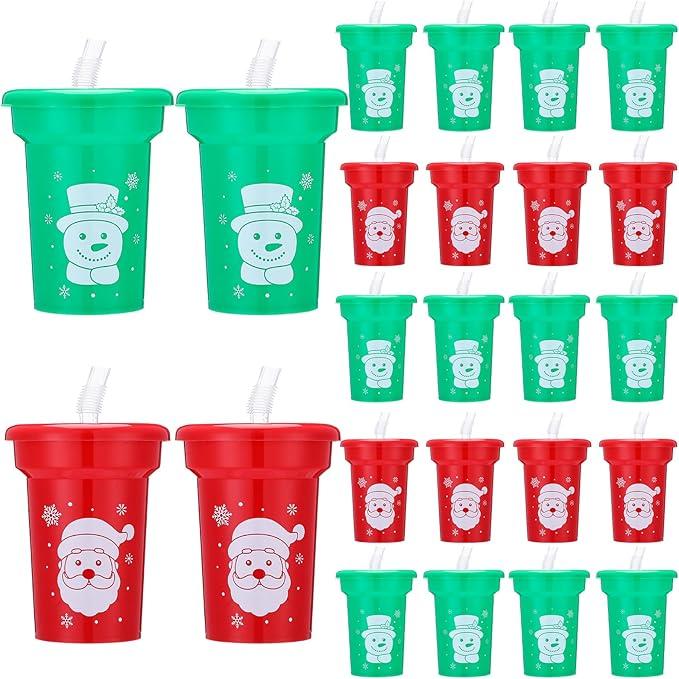 Vesici 30 Pcs 6 oz Mini Christmas Sipper Cups with Straws and Lids Santa Snowman Plastic Cups for Holiday Xmas Party Supplies Favor Gift, Red and Green