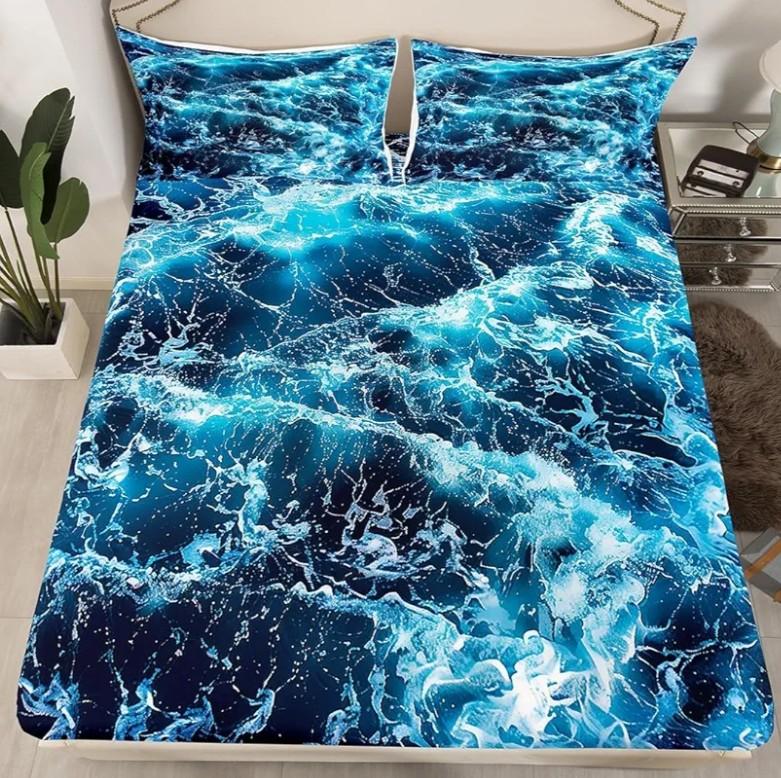 Erosebridal Blue Waves Sheet Set Ocean Sea Fitted Sheet Summer Theme Print Bedding Set Cozy Bed Cover Room Decorative Ultra Soft Bedclothes Twin Size 1 Fitted Sheet with 1 Pillow Case