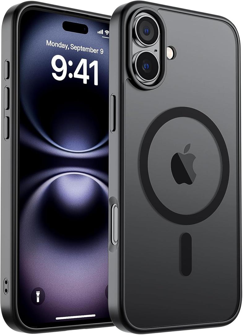 SUPFINE Magnetic for iPhone 16 Case (Compatible with MagSafe) (Military Grade Drop Protection) Translucent Matte Shockproof with Anti-Fingerprint Phone Cover,Black