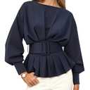 Burtell Boat Neck Long Sleeve Shirts Tops for Women Slim Fit Crew Neck Ruffle Pullover Sweatshirt Fall Peplum Tops with Belt Navy, Blue, Size L