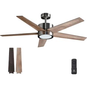 Ceiling Fan 52'' with Light: Modern Remote Control Fans Downrod Mounted - Quiet Reversible DC Motor - Light Memory Function for Patio Dining Room Outdoor Indoor (Brushed Nickel+Walnut-5)
