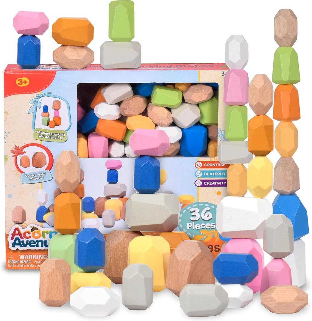 36 PCS Wooden Bright Earth Color Sorting Stacking Rocks Stones,Sensory Toddler Toys Learning Montessori Toys, Building Blocks Game for Kids 3+, Boy and Girl Birthday Gifts for Kids