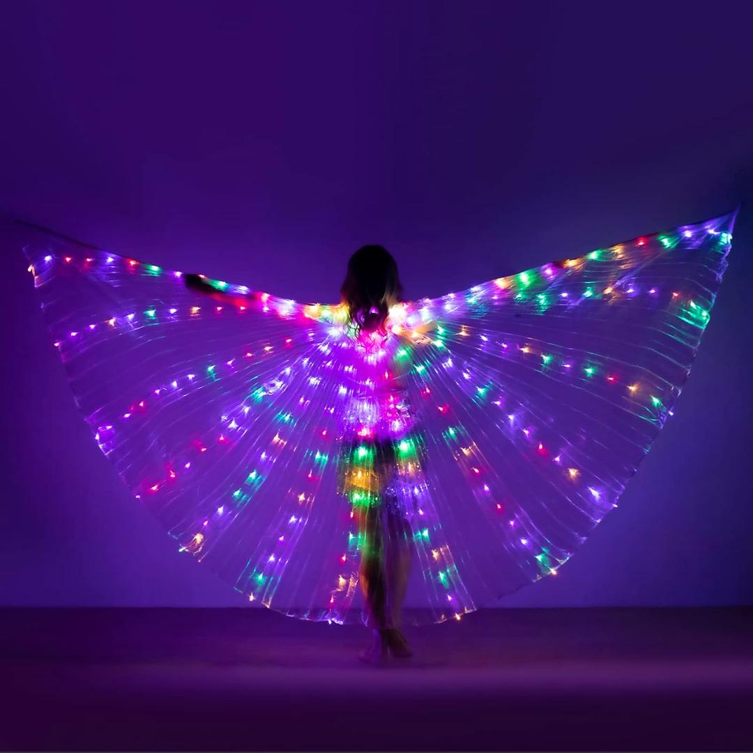iMucci LED Lights Belly Dance Wing Isis Wings with Sticks for Adults and Child (40inch for Kids, Transparent Wings Multicolor Lights)