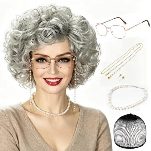 Agysty Old Lady Wig Costume Set for Women, Gray Grandma Granny Wig with Hair Accessories, Short Curly Grey Synthetic Wig for Halloween Cosplay & 100 Days of School Party (Grey)