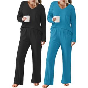 Ekouaer 2 PackWomens Ribbed Knit Pajama Set with Pockets Long Sleeve PJs V Neck Soft Loungewear Loose Matching Outfits Set Black and Lake Blue S