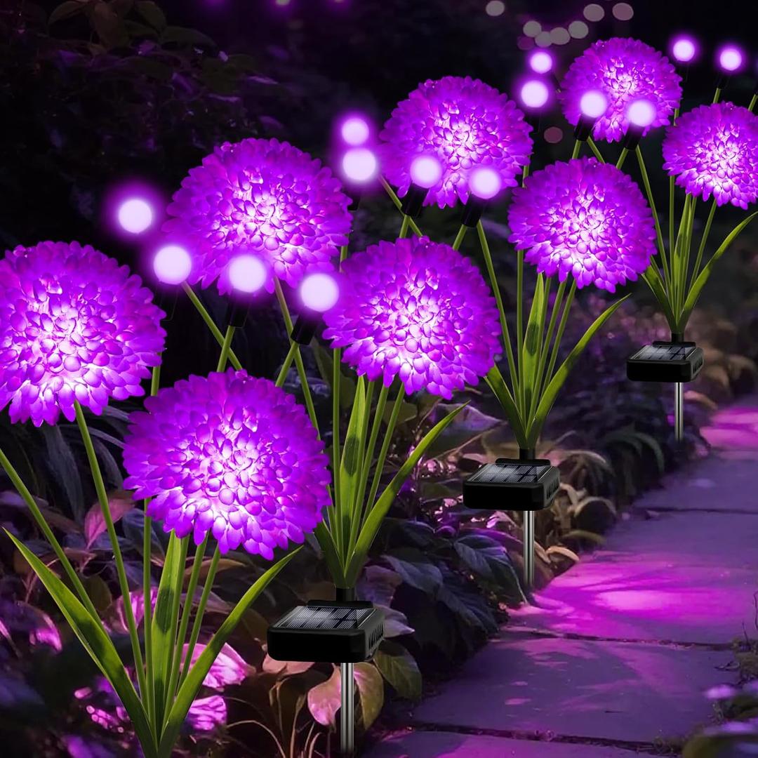 Solar Halloween Lights Outdoor Waterproof, 4 Pack Purple Solar Firefly Swaying Lights with Flowers, Flower Light Garden Decor for Halloween Christmas Outside Yard Patio, Gifts for Women Grandma