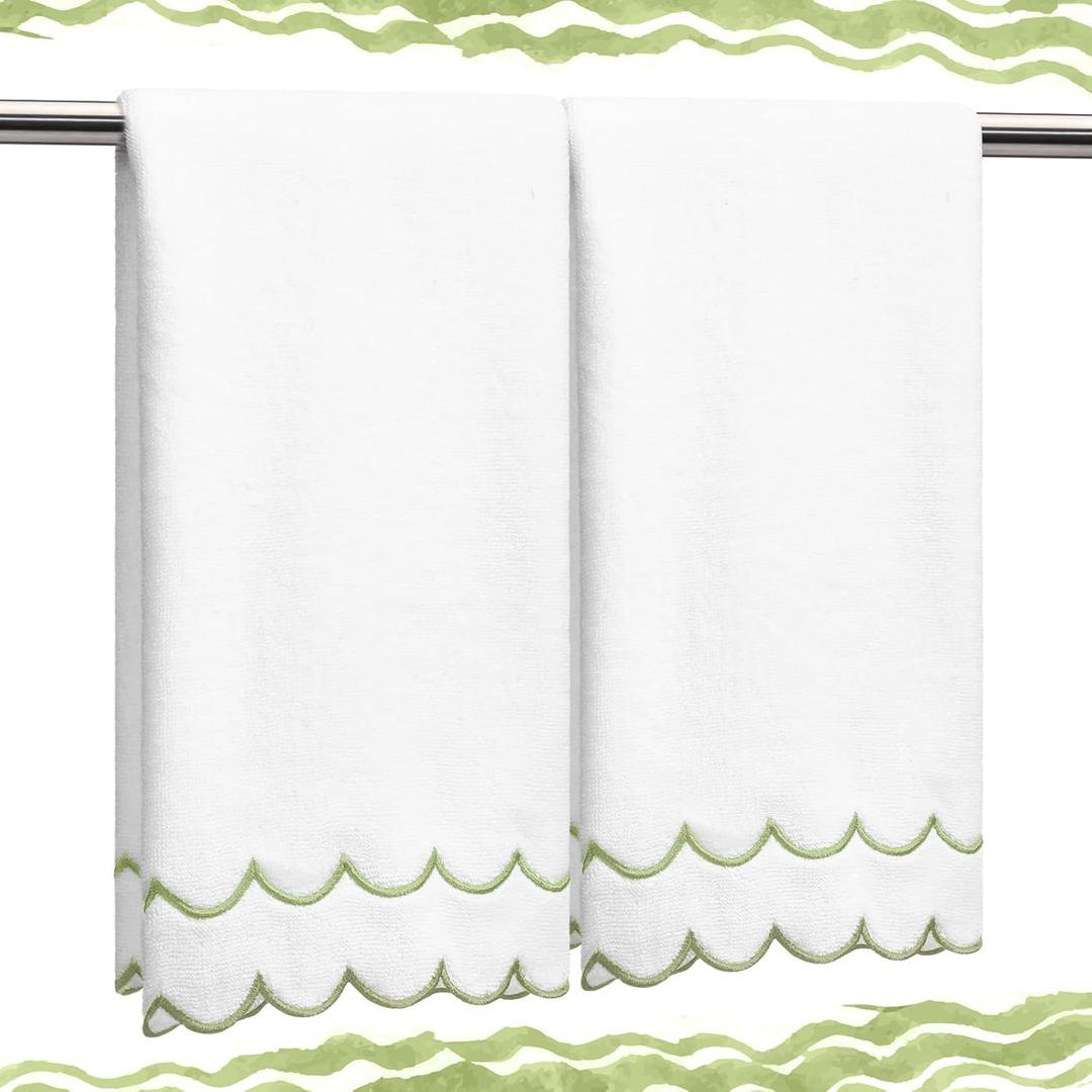 2 Pcs Scalloped Hand Towels 100% Cotton Hand Towels for Bathroom 15.75" x 27.56" 500 GSM Cute Soft Absorbent Embroidered for Hotel Spa Sport Yoga(Sage Green)