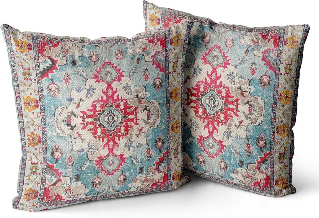 Snycler Boho Throw Pillow Covers 18x18 inch Set of 2 Boho Rug Carpet Double Sided Pattern Cotton Soft Pillow Case Cushion Cover Pillowcase for Couch Sofa Bed Decorative (Rose Red)