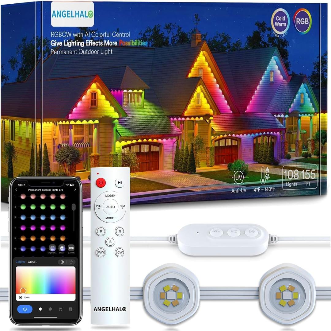 ANGELHALO Permanent Outdoor Lights Pro, 155ft with 108 LED Lights for Daily and Accent Lighting, Multiple Scene Modes Eaves Lights with Warm and Cool White Light, IP65 Waterproof, Works with Alexa (150ft)