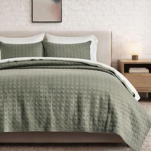 EVERGRACEHOME Windowpane Cotton Sateen Quilt Set King Size, Pre-Washed 100% Cotton Coverlet Bedspread, 3-Piece Soft Lightweight Bedding Set with 2 Shams for All Seasons, Stone Sage