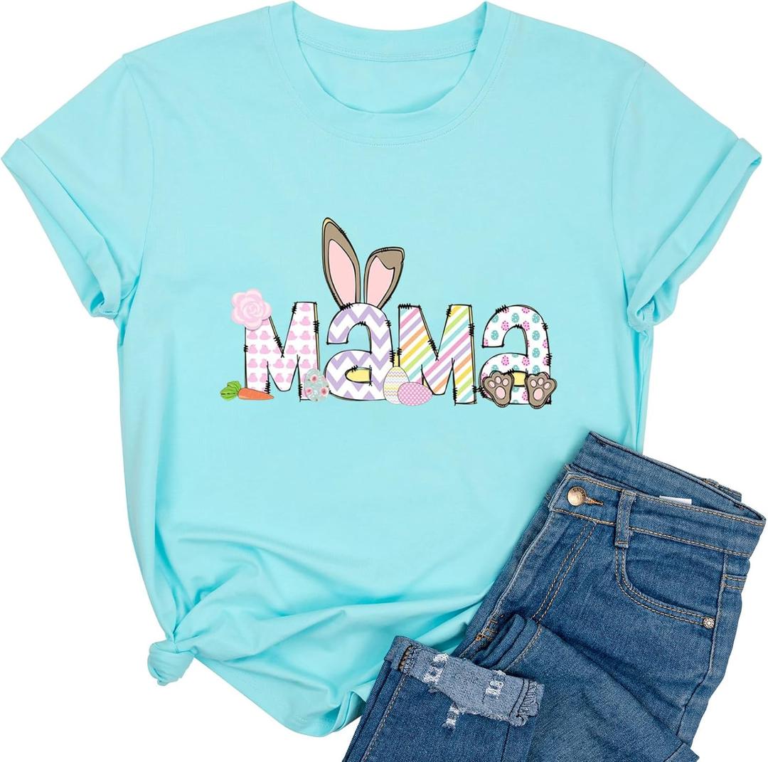 Yimoya Happy Easter Shirt Cute Easter Tees Leopard Bunny Rabbit Graphic Tees (Blue, XL)