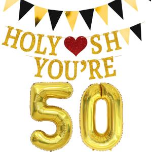 2 x 50th Brithday Decorations for Men Women - Funny Gold Glitter 50th Birthday Banner Sign, 50 Balloon Number & Triangle Banner Set - 50th Birthday Gifts for Her Him Party Favors Supplies