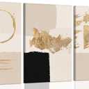 3pcs Framed Black Gold Abstract Wall Art Bohemian Simple Geometric Canvas Poster Print Modern Beige Picture Painting Wall Decor for Living Room Bedroom Office Decoration
