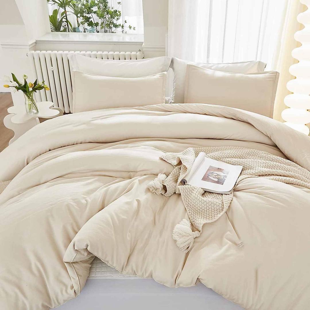 Beige Duvet Cover Set Queen Size, 3 Pcs - Luxury Soft Microfiber Down Comforter Bedding Cover with Zip, Ties - Neutral Solid Color Modern Style Bed Sets for Women and Men, 90 x 90 inch Cream