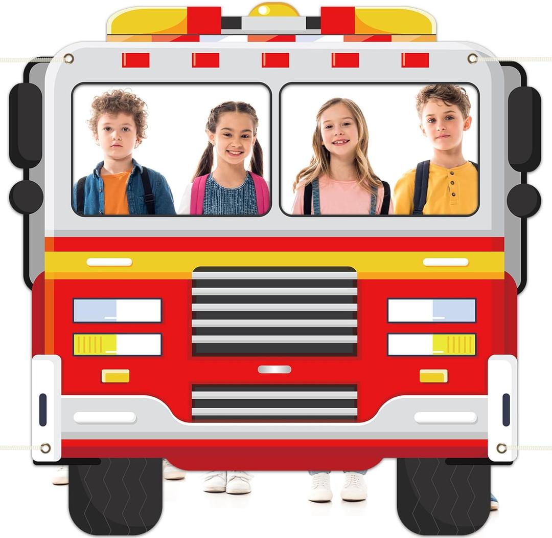 Firetruck Shaped Photo Prop Selfie Frame Party Decor 59 x 59In Large Fabric Cartoon Firefighter Photo Booth Props Fireman Background Fire Truck Banner Backdrop Sign Birthday Baby Shower Party Supplies