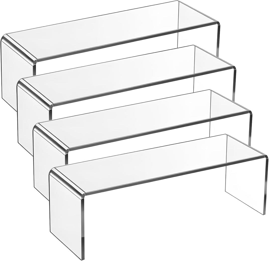 4 Pcs Acrylic Risers Display Stands, 11.8" x 3.9" x 3.9" Clear Acrylic Cabinet Organizer Shelf Kitchen Spice Rack Countertop Display Rack for Dishes, Bottles, Perfumes, Ornaments (5mm Thick)