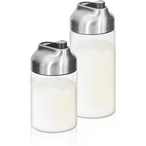 Aelga Glass Coffee Creamer Container Set, Creamer Pitcher 7oz + 12oz Glass Dispenser Container Set for Creamer, Milk and Spices, Coffee Bar Accessories, Pack of 2