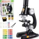 Science Kits for Kids Beginner Microscope with LED 100X 400X and 1200X-Include Sample Prepared Slides 12pc- Educational Toy Birthday Valentine's Day Gift Black