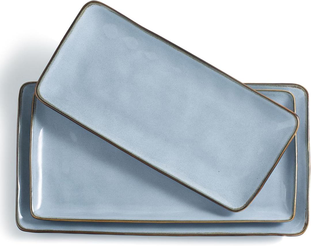 Famiware Serving Platter, Rectangular 15.67/14.1/12.6 inch Serving Dishes for Entertaining, Microwave Dishwasher Safe, Stonware Serving Trays for Party, Turkey, Cheese, Ocean Series, Blue
