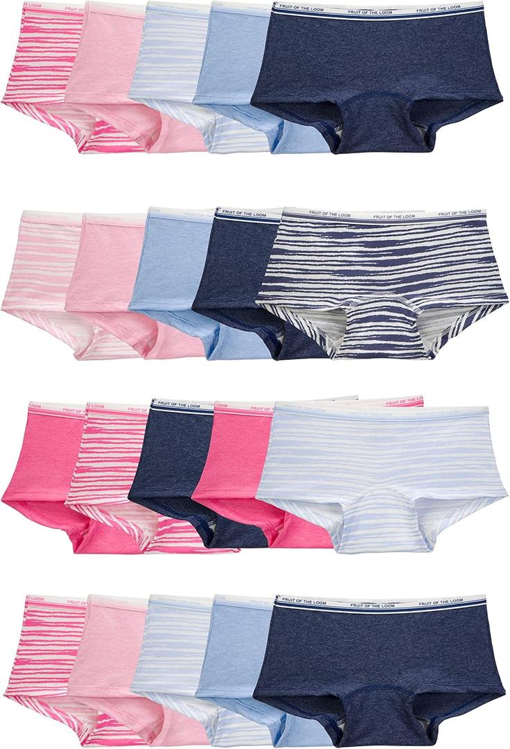 Fruit of the Loom Girls' Cotton Boyshort Underwear (Size14, 20 Pack - Fashion Assorted)