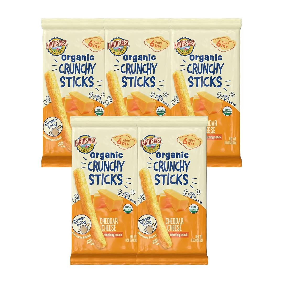 Earth's Best Organic Baby Food, Dissolvable Teething Snack for Babies 6 Months and Older, Cheddar Cheese Crunchy Sticks, .56 oz Pack (Pack of 5) Best Before Oct. 16, 2026