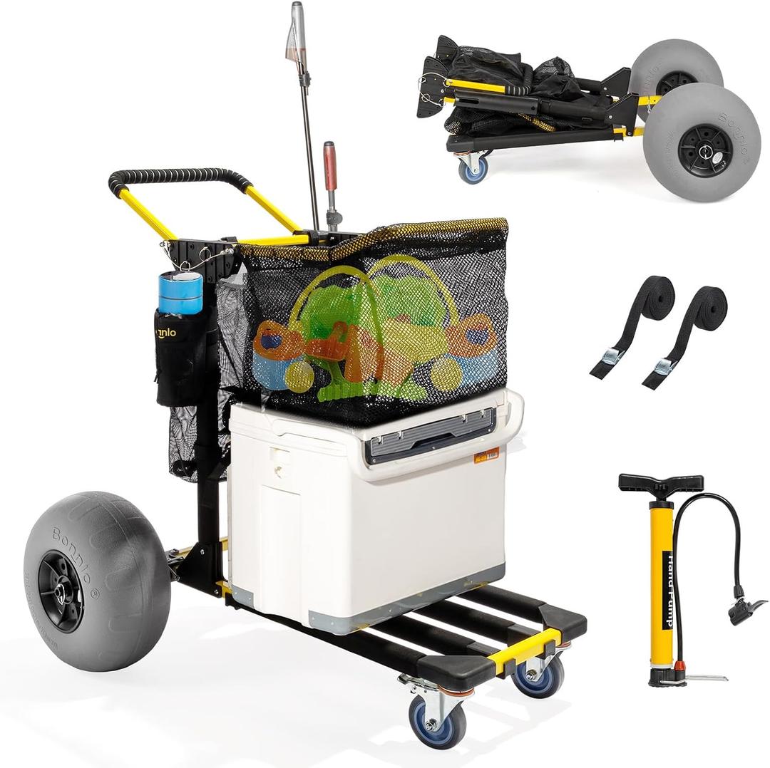 Bonnlo Beach Cart with 12" Big Balloon Wheels for Sand, Foldable 2-in-1 Beach Buggy Cart Fishing Cart with Large Cargo Deck, Fishing Rods Holder, Water Bottle Holder, 2 Mesh Bag, Hand Pump