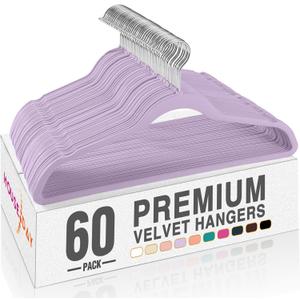 HOUSE DAY Lt-Purple Velvet Hangers 60 Pack, Non Slip Clothes Felt Hanger Heavy Duty for Coat, Premium Slim Space Saving Suit Hangers for Closet Organizer, 360 Rotating Silver Hook