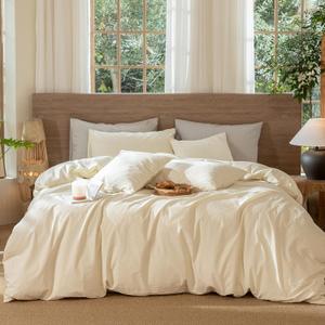 3 x MooMee Wavy Striped Duvet Cover Set 100% Washed Cotton Linen Like Textured Breathable Durable Soft Comfy (Cream White, King 104"x90")