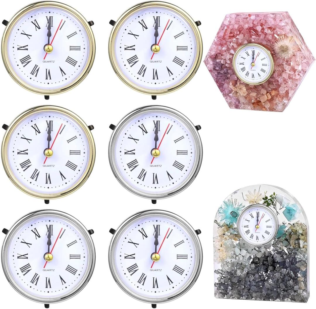 6 PCS Roman Numerals Clocks for Resin Mold, Battery Powered Quartz Clock, Golden Silver Clock Components for Epoxy Resin Clock Casting DIY Table Clock Decor