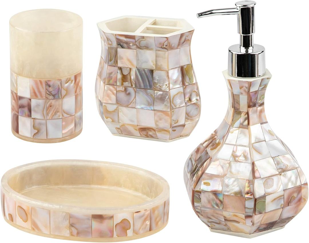 Milano Bathroom Accessories Set - 4 Piece Bathroom Accessory Set with Natural Mother of Pearl Shells - Decorative Bathroom Set Includes: Soap Dispenser, Toothbrush Holder, Tumbler and Soap Dish
