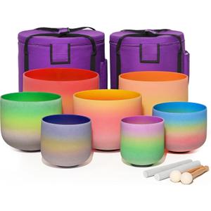 440HZ 6"-12" Set of 7 PCS Quartz Rainbow Crystal Singing Bowls Set Sound Healing with Carrying Case Mallet and Suede Striker