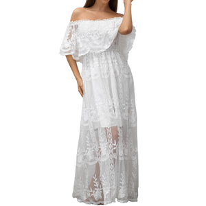 HOYISHION Women's Off The Shoulder Floral Lace Maxi Dress White Bridesmaid Wedding Party Maternity Photoshoot Long Dresses, Size XL