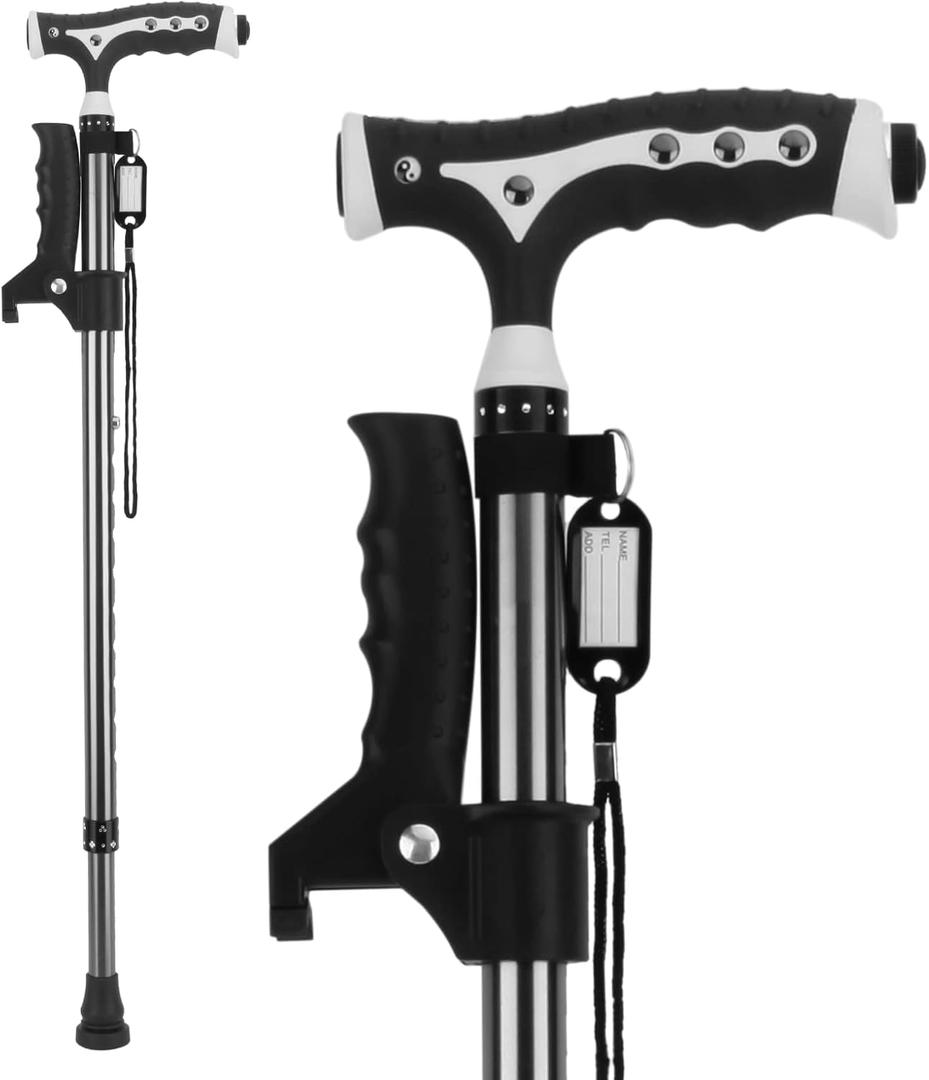 Hold 440 Lbs Walking Cane for Men & Women Aluminum Alloy Lightweight Height Adjustable Walking Stick Heavy Duty Foldbale Free Standing Cane with LED for Seniors Adults (Black)