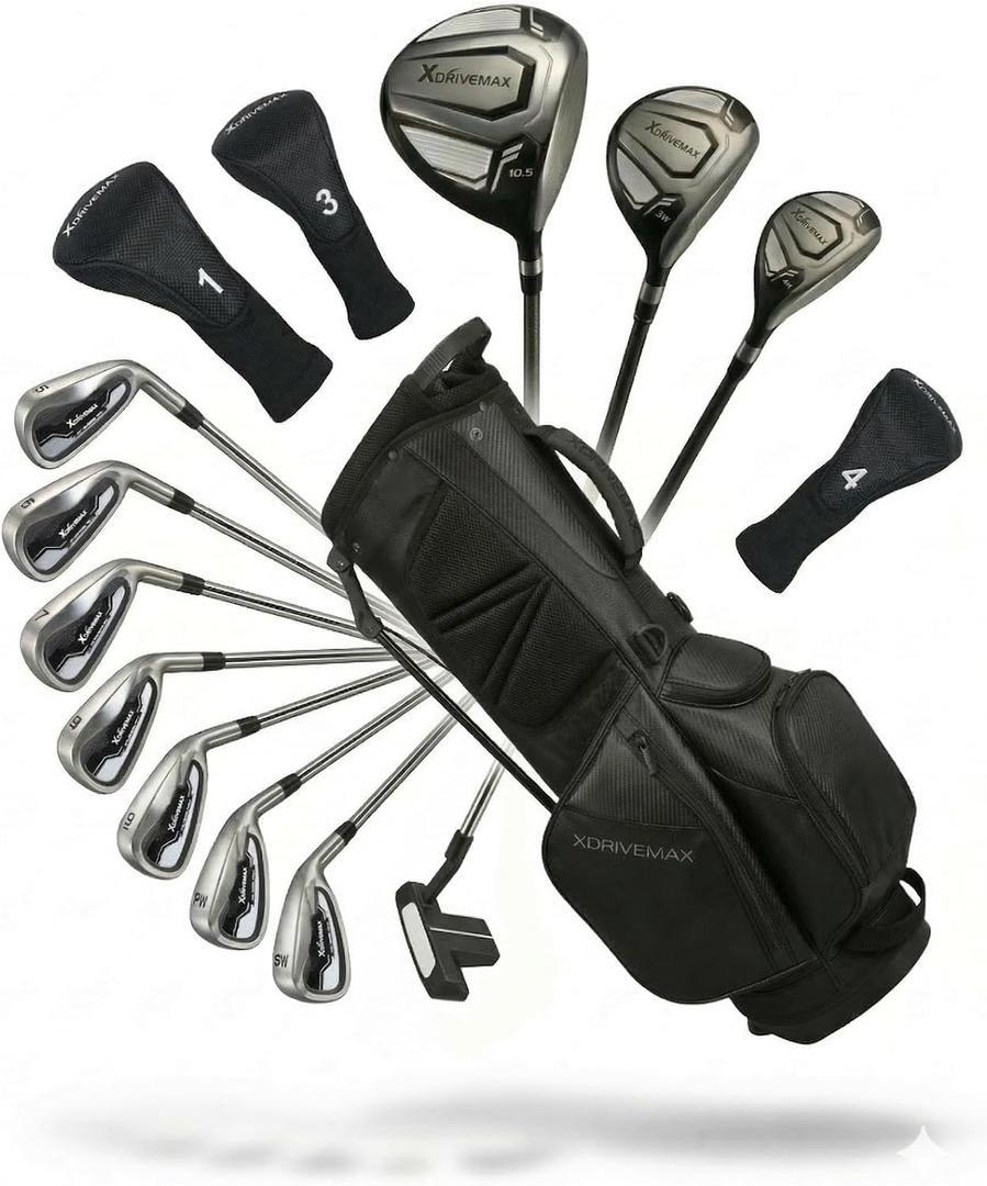 XDriveMax 15-Piece Golf Clubs Men Complete Golf Club Set - Beginner Golf Clubs Set for Men Right Handed - Forged Titanium 10.5 Driver, 5-SW Stainless Steel Irons, Putter & Stand Bag