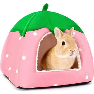 Rabbit Hideout, Washable Bunny Bed with Removable Pee Pad, Plush Indoor Rabbit House, Adorable Strawberry Design Small Animal Hideaway for Guinea Pig, Pink