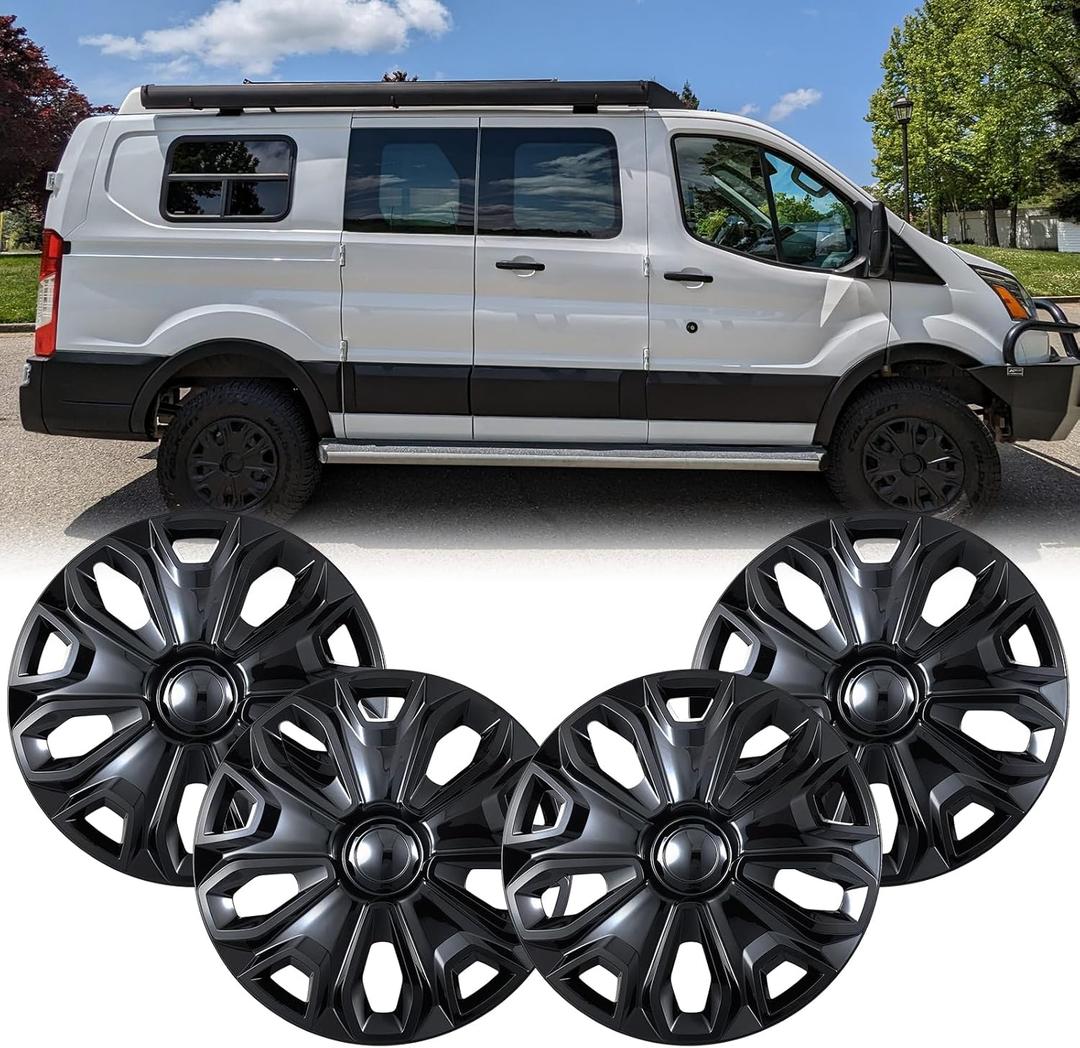 Hubcap Wheel Covers for 2015-2025 Ford Transit 150 250 350 350HD ABS Hubcap Replacement Set of 4, 16 inch Glossy Black