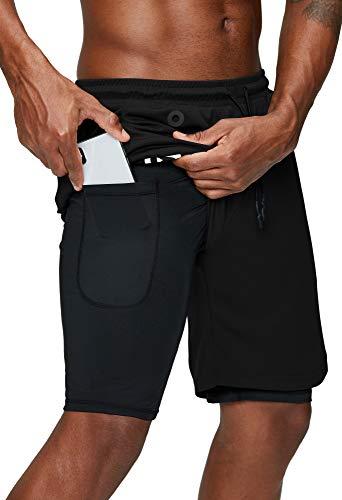 Pinkbomb Men's 2 in 1 Running Shorts Gym Workout Quick Dry Mens Shorts with Phone Pocket (Black, XX-Large)