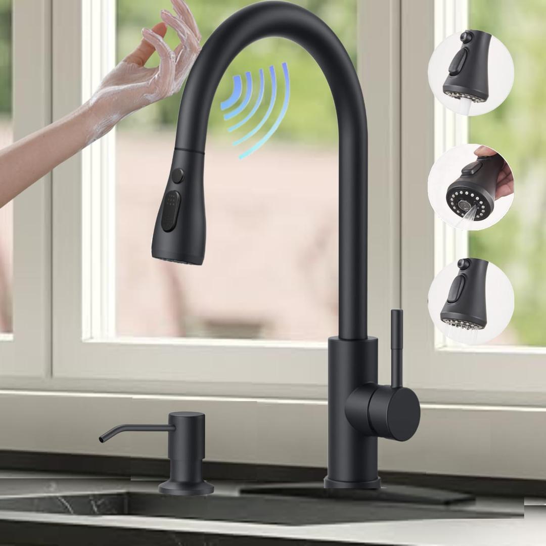 Smart Touch On Kitchen Faucet, 3 Modes Pull Down Sprayer, Sensor Activated, Ceramic Disc Valve, 360-Degree Rotation, 1 or 3 Hole Deck Plate. (KW-69R, Matt Black)
