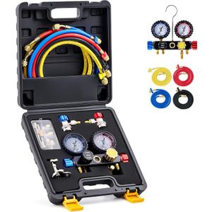 Orion Motor Tech 4 Way AC Gauge Set for R410a R22 R134a Refrigerant, 4 Valve Automotive AC Manifold with 5ft Hoses, R410a Adapters, Can Tap