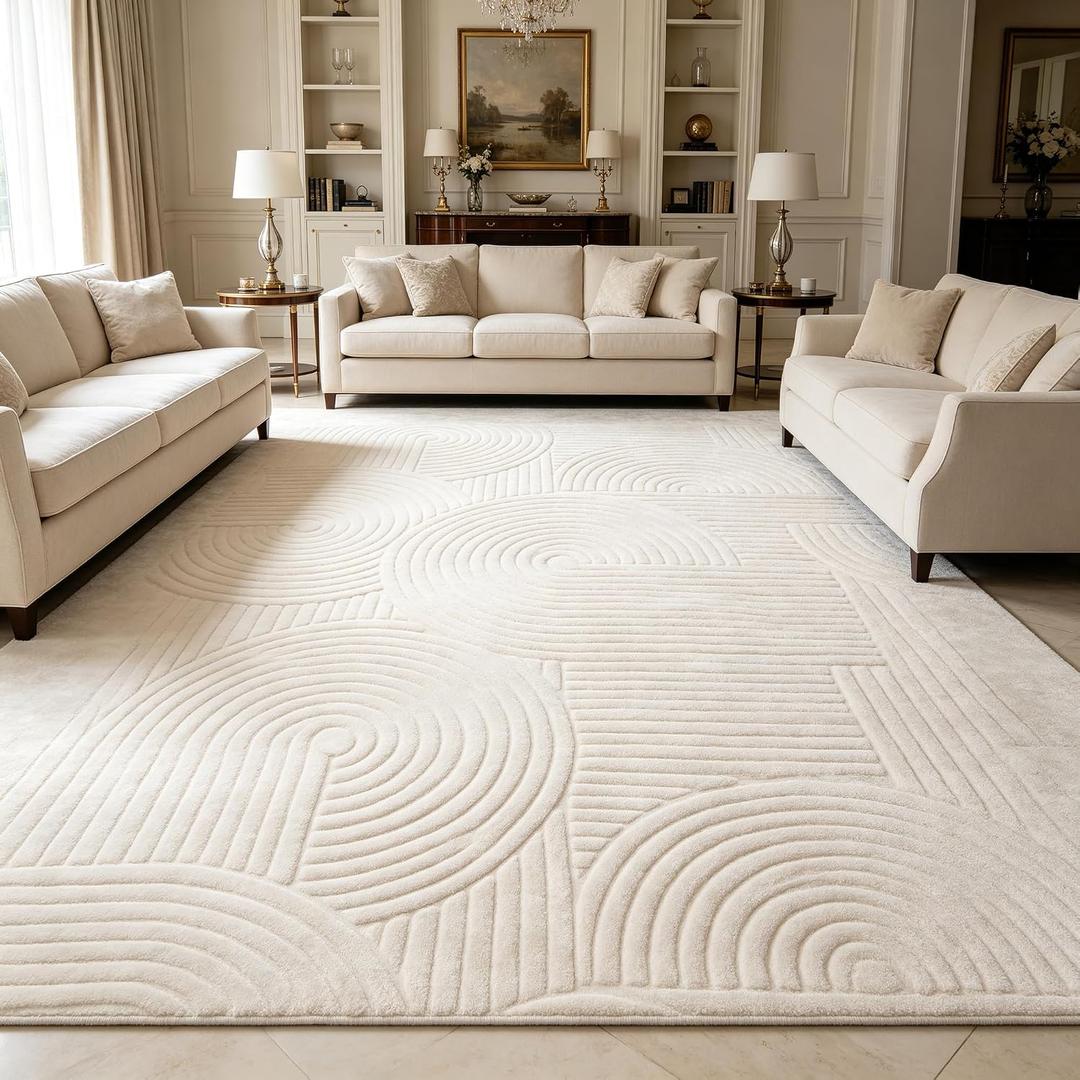 Beige Geometric 8x10 Solid Area Rug, Washable Living Room Rug