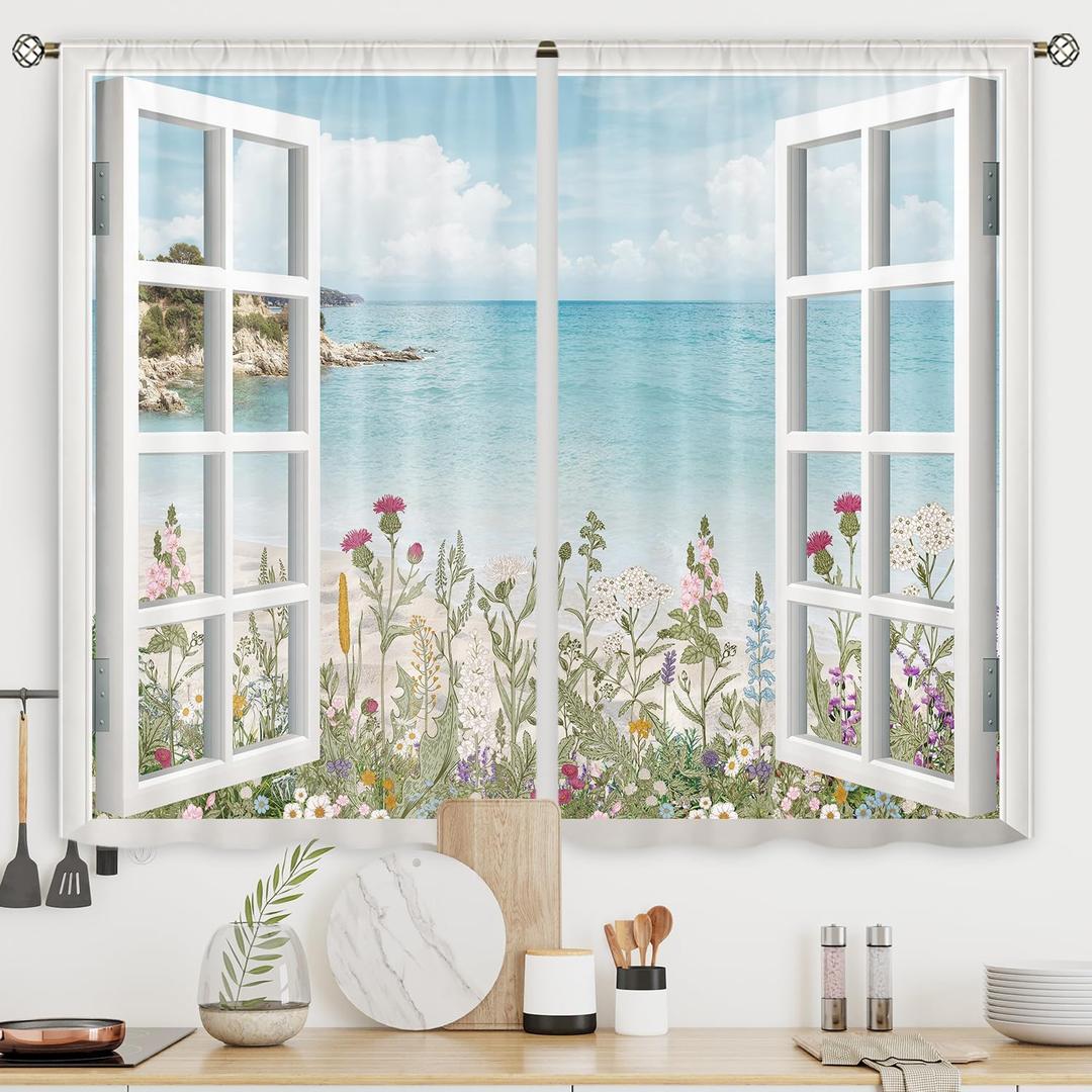 Ocean Beach Coastal Kitchen Curtains Short Small Hawaiian Floral Scenery Wildflower Plant Rod Pocket White Wooden Window Seascape Bedroom Living Room Treatment Fabric 2 Panels 27.5Wx39H Inch