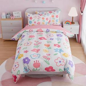 SANDJEST Floral Twin Bedding Sets for Girl, Ultra Soft Microfiber Comforter Bed Set with 3-Pieces, Flower Comforters Sets for Kids Children Girl      Size Teen Tween Bedroom Decor