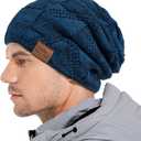 PAGE ONE Mens Winter Slouchy Beanie Warm Fleece Lined Skull Cap Baggy Cable Knit Hat (Blue)
