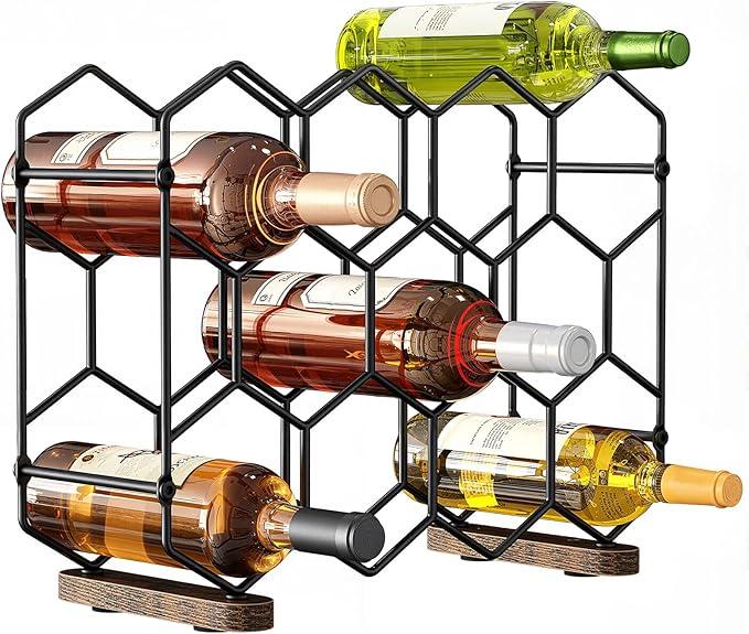 Nuovoware Countertop Wine Rack, 14Bottle Freestanding Modern Carbon Steel Holder Hexagonal Structure, 3 Tier Tabletop Wine Bottle Organizer Storage for Cabinet, Pantry, Black+Retro Brown