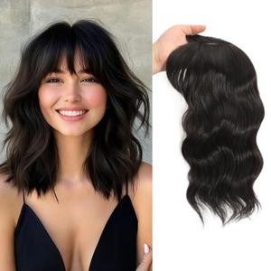 TYQ Hair Toppers for Women with Thinning Hair 14 Inch, 360 3D Synthetic Curly Wavy Wispy Clip in Bangs(Brown Black)