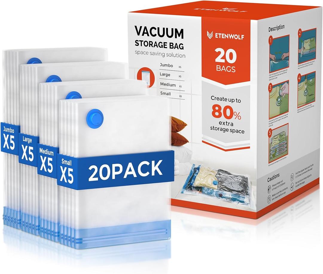 ETENWOLF 20 Pack Vacuum Storage Bags, Vacuum Seal Bags for Clothes and Travel, Space Saver Bags in Multiple Carry-On Sizes, Perfect for Luggage and Suitcases