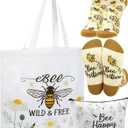 3 Pcs Bee Themed Gifts for Women Funny Honeybee Canvas Tote Bag with Zipper Makeup Bag and Socks Bee day Holiday Birthday Gifts for Mother Teachers Employee Beekeepers Lovers